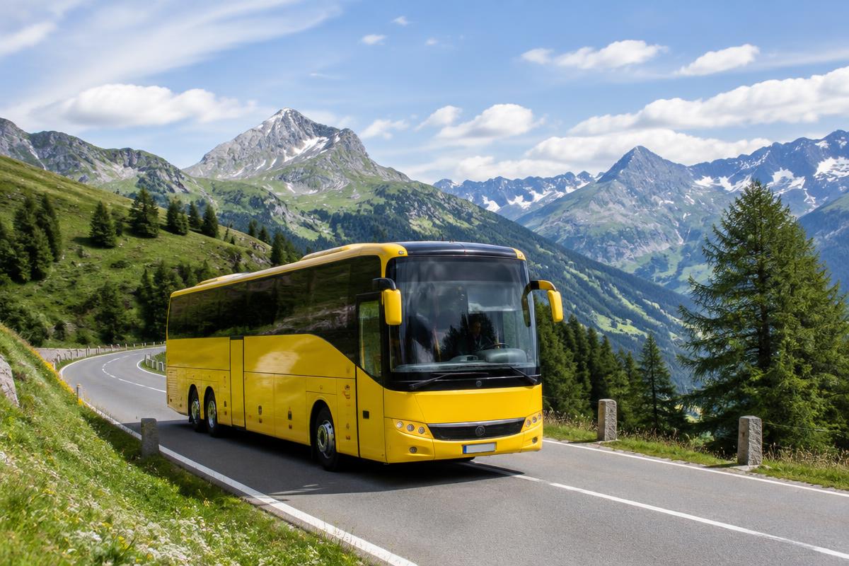 Žlutý zájezdový autobus na horské silnici