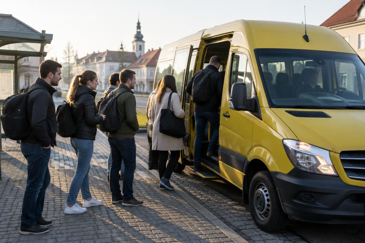 Zaměstnanci nastupují do žlutého minibusu