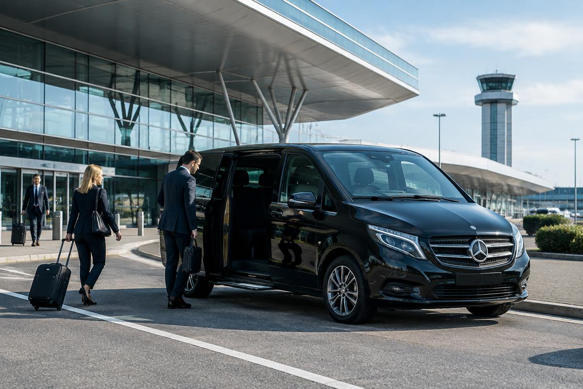 Černý minivan připravený k odvozu cestujících na letiště